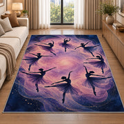 Ballerina silhouettes rug in a bright living room with a sofa