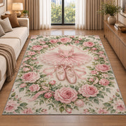 Rose wreath ballet rug in a bright living room with a sofa