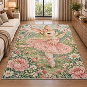 Bunny ballerina rug in a bright living room with a sofa