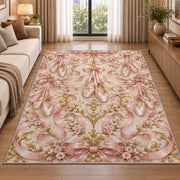 Pointe shoes ribbon damask rug in a bright living room with a sofa
