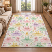 Pastel tutu pattern rug in a bright living room with a sofa