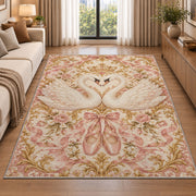 Swan heart rug in a bright living room with a sofa