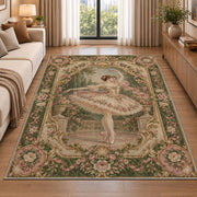 Vintage ballerina tapestry rug in a bright living room with a sofa