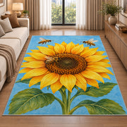 Sunflower and Bees Rug in a bright living room with a sofa