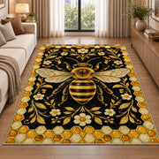 Golden Bee Honeycomb Border Rug in a bright living room with a sofa
