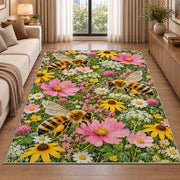 Bees in Wildflower Garden Rug in a bright living room with a sofa