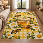 Gingham Honey Jar Bee Rug in a bright living room with a sofa