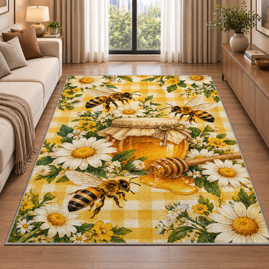 Gingham Honey Jar Bee Rug in a bright living room with a sofa