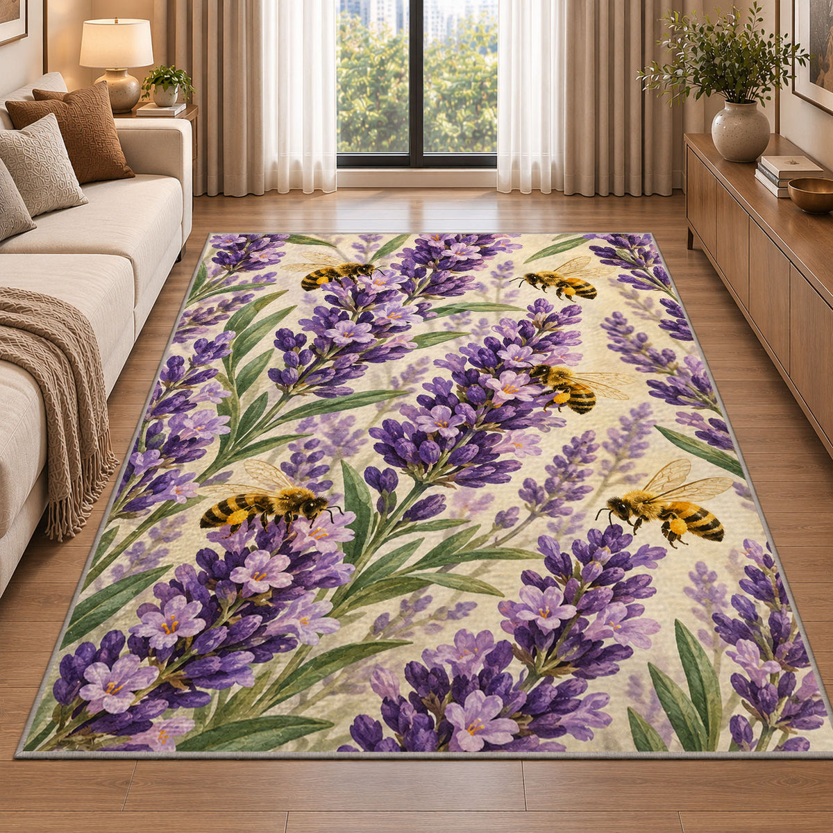 Lavender and Bees Rug in a bright living room with a sofa