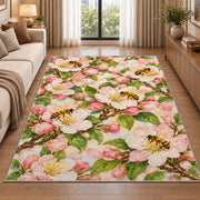 Apple Blossom Bees Rug in a bright living room with a sofa