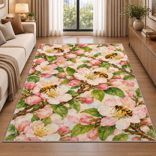 Apple Blossom Bees Rug in a bright living room with a sofa