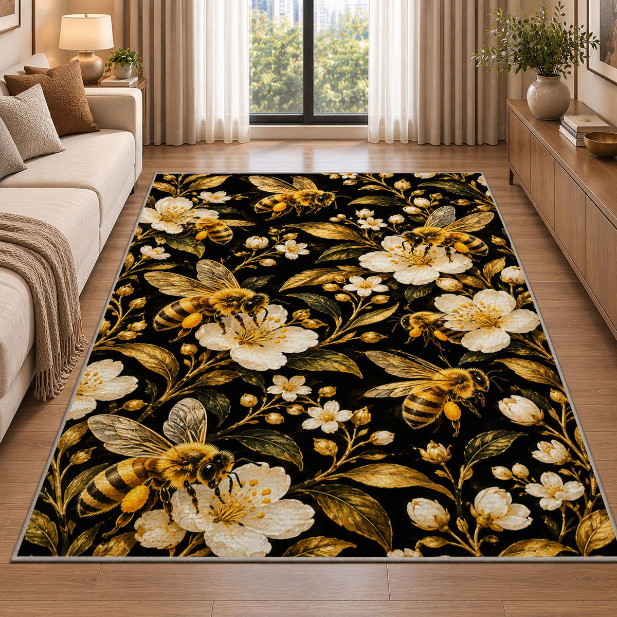 Golden Bees on Black Rug in a bright living room with a sofa