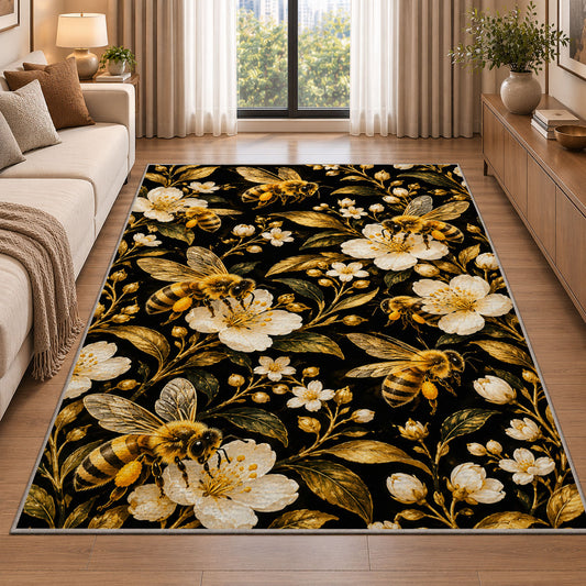 Golden Bees on Black Rug in a bright living room with a sofa