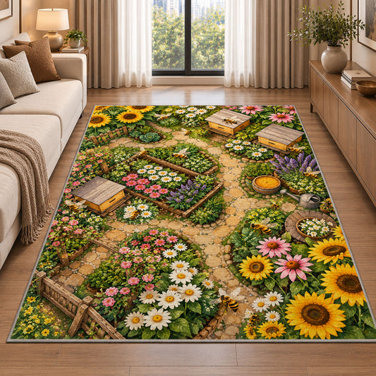 Bee Garden Top View Rug in a bright living room with a sofa