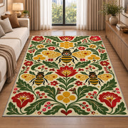 Scandinavian Folk Art Bee Rug in a bright living room with a sofa