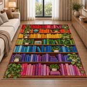 Rainbow Bookshelf rug in a bright living room with a sofa