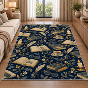 Book and Quill Pattern rug in a bright living room with a sofa