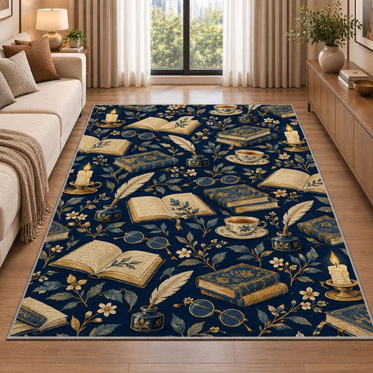 Book and Quill Pattern rug in a bright living room with a sofa