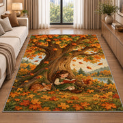 Girl Reading Under Autumn Tree rug in a bright living room with a sofa