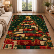 Book Christmas Tree rug in a bright living room with a sofa