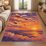 Books Flying at Sunset rug in a bright living room with a sofa