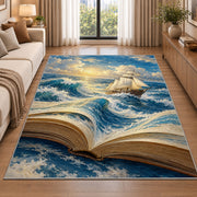 Book Pages Become the Sea rug in a bright living room with a sofa