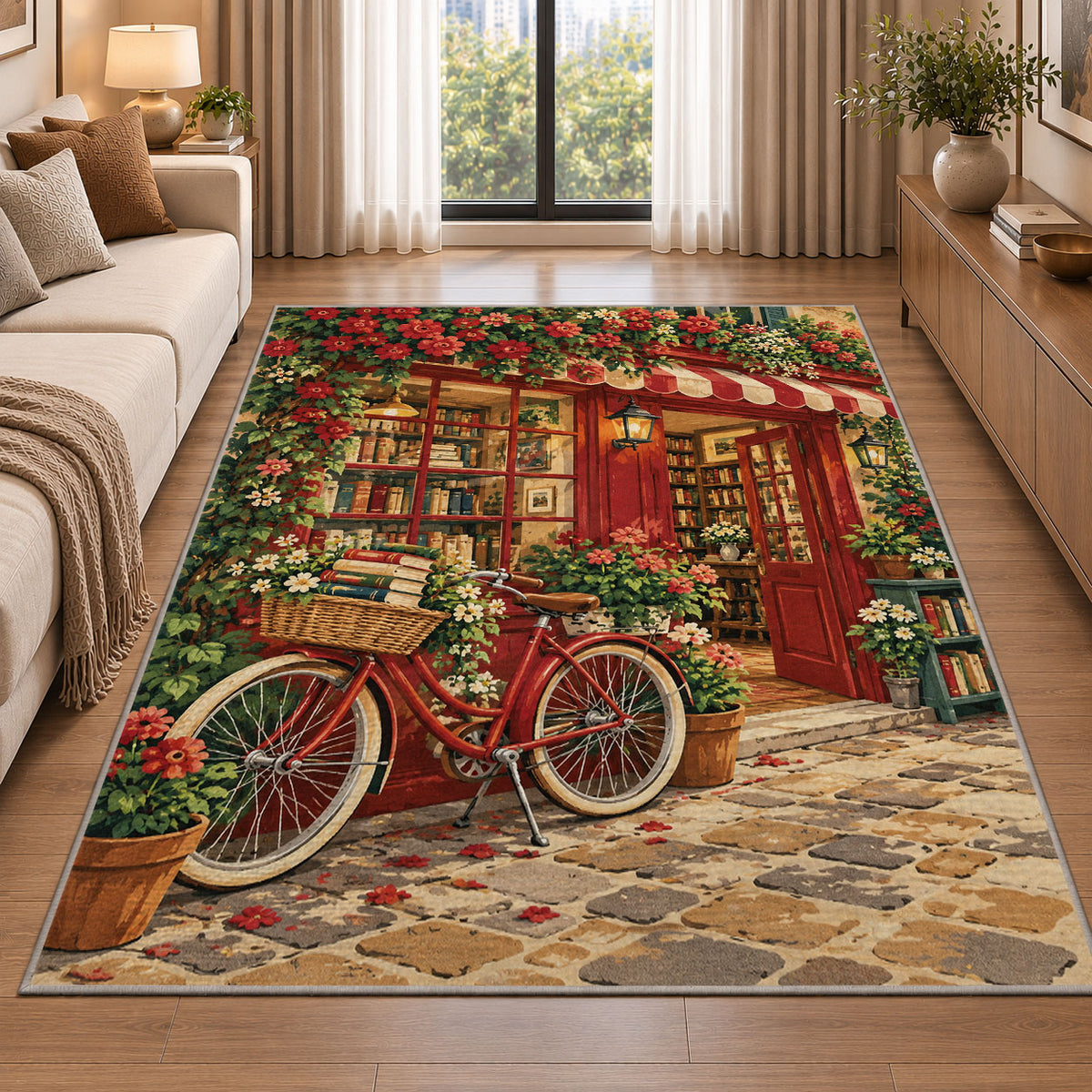 Bicycle at the Bookshop rug in a bright living room with a sofa