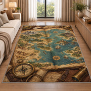 Fantasy Map in a Book rug in a bright living room with a sofa