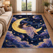 Reading on the Moon rug in a bright living room with a sofa