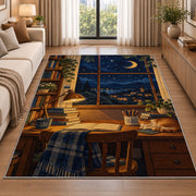 Starry Night Study Desk rug in a bright living room with a sofa