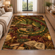 Dragon Guarding Books rug in a bright living room with a sofa