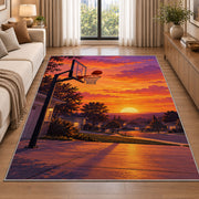 Driveway Hoop at Sunset rug in a bright living room with a sofa