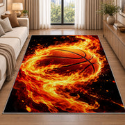 Basketball on Fire rug in a bright living room with a sofa