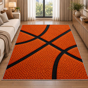 Basketball Texture Close-Up rug in a bright living room with a sofa