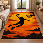 Slam Dunk Sunset Silhouette rug in a bright living room with a sofa