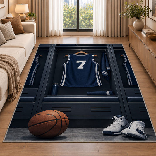Locker Room Jersey Number 7 rug in a bright living room with a sofa