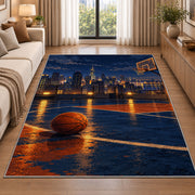 Rooftop Court City Night rug in a bright living room with a sofa