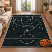 Chalkboard Basketball Play rug in a bright living room with a sofa