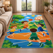 Kids Playing Basketball rug in a bright living room with a sofa