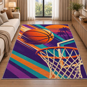 Retro 80s Hoops Poster rug in a bright living room with a sofa