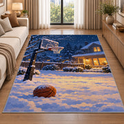 Snowy Backyard Hoop rug in a bright living room with a sofa