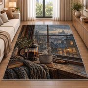 French Press Rainy Window rug in a bright living room with a sofa