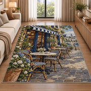 Parisian Sidewalk Cafe rug in a bright living room with a sofa