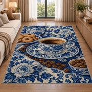 Blue Willow Coffee Cup rug in a bright living room with a sofa