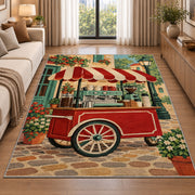 Retro Coffee Cart rug in a bright living room with a sofa
