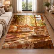 Cat and Morning Coffee rug in a bright living room with a sofa