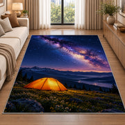 Orange Tent Under the Milky Way rug in a bright living room with a sofa