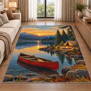 Red Canoe and Tent at Sunrise Lake rug in a bright living room with a sofa