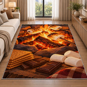 Campfire S'mores rug in a bright living room with a sofa