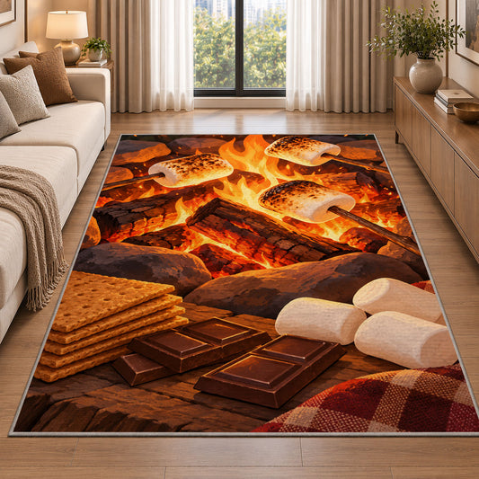 Campfire S'mores rug in a bright living room with a sofa